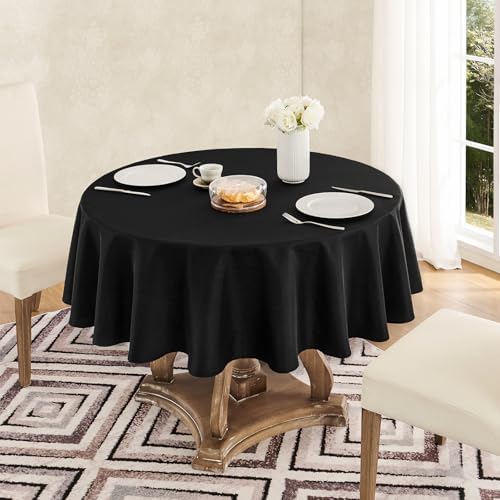Veblandy Faux Linen Round Tablecloth 60 inch, Table Cloth Wrinkle Free Decorative Fabric Waterproof Table Cover for Dining/Party/Buffet/Wedding, Black - Image 2