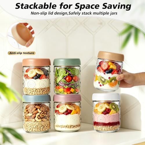 6 PCS 16 oz Overnight Oats Containers with Lids, Glass jars with Airtight Lids,Wide mouth Mason Salad jars, Glass Food Storage Containers for Snacks Yogurt Spice Sugar Yogurt, Oatmeal, Salad, Spices - Image 4