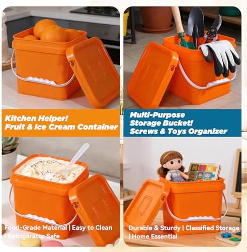 Food Storage Buckets with Lids - 4 Set Square Clear Plastic Containers, Airtight Pressure Seal & Handle for Kitchen Freezer Prep (Orange, 1.3 gal) - Image 3