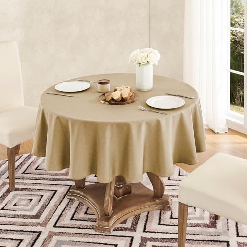 Veblandy Faux Linen Round Tablecloth 60 inch, Table Cloth Wrinkle Free Decorative Fabric Waterproof Table Cover for Dining/Party/Buffet/Wedding, Coffee - Image 2