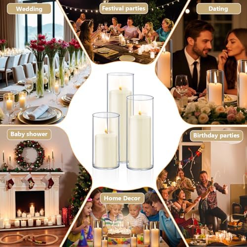 Homjoy 24 PCS Ivory White Pillar Candles with Glass Candle Holders Clear Hurricane Candle Holders Glass Cylinder Vases for Centerpieces Wedding Party, Event, Home Office (12 Candles+12 Candle Hoders) - Image 4