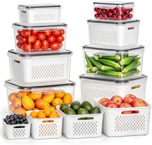 HOMETALL 8 Pack Fruit Storage Containers for Fridge with Strainer, BPA Free Fruit Cleaning Bowl Fridge Organizer, Plastic Fresh Keeper Set Refrigerator Organizer for Salad Berry Produce by OrderNow