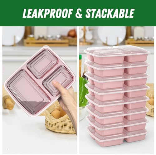 Dealusy 50 Pack 32 oz Meal Prep Containers with Lids 3-Compartment, Pink - Image 4