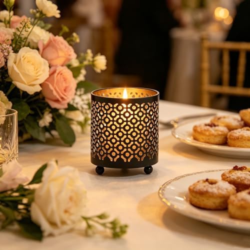 Hosley Set of 2 Black (Gold Inside) Metal Jar Holder Candle Sleeve 4.5" High. Votive, Tea Light Lanterns Ideal Gift for Weddings, Parties, Spa and Aromatherapy O6 - Image 3