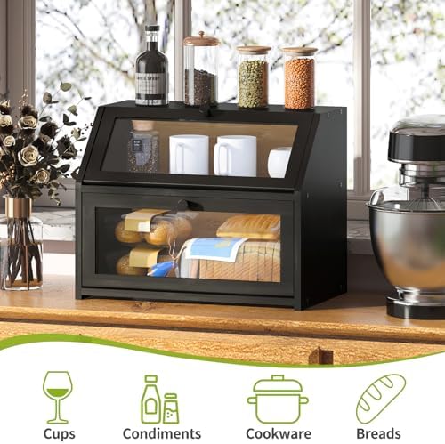 BMOSU Farmhouse Bread Box for Kitchen Countertop Bread box Double Layer Bamboo Wooden Extra Large Capacity Bin Kitchen Food Storage Container(Black) - Image 5