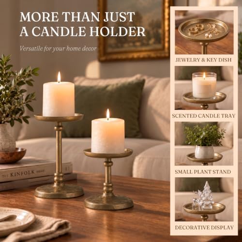 PERFNIQUE Cast Iron Pillar Candle Holders Set of 2 Antique Gold Candle Tray - Image 3
