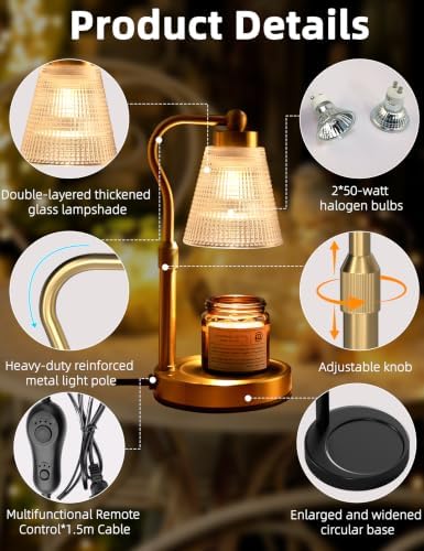 Candle Warmer Lamp for Jar Candles, Height Adjustable & Dimmable with 2/4/8H Timer, 2 * 50W Halogen Wax Melter Warmer for Home Office Décor, Flameless & Smokeless, Gift for Women Mom,Gold-Clear - Image 5