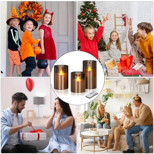 wemarry Flameless Candles 4" 5" 6" Acrylic Glass Pillars 3" Diameter Battery Operated Flickering Candles Include 8-Key Remote with Timer Function 400+ Hours (Gray, Warm Light 12 Pack) - Image 3
