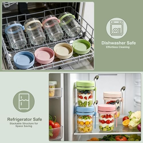 6Pcs Overnight Oats Containers with Lids and Spoons,16oz Glass Meal Prep Jars with Measurement Marks, Leak-Proof Breakfast Food Storage for Yogurt, Cereal, Salad, BPA-Free (6 Colors) - Image 4