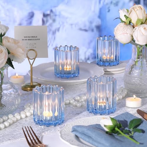 HAVITI Glass Blue Votive Candle Holder, Ribbed Votive Candle Holders Set of 12, Tealight Candle Holder for Wedding Centerpieces Dinner Party Table Decor - Image 6