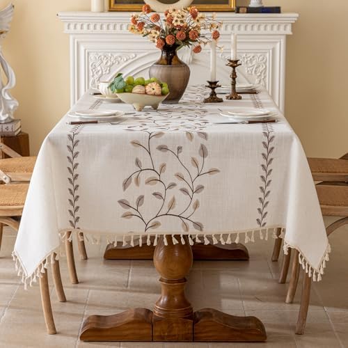 Joyfol Day Rectangle Linen Tablecloth, Heavy Duty Waterproof Tablecloths, Farmhouse Embroidery Leaves Table Cloth with Tassels, Soft Wrinkle Free Table Cover, Coffee Vines, 55''x 102'' - Image 2