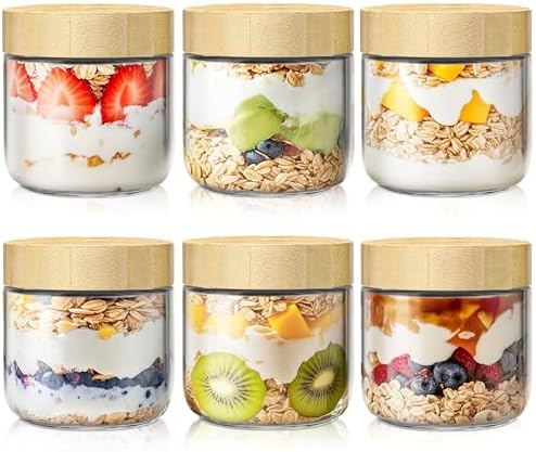 10 oz Overnight Oats Containers with Bamboo Lids, Glass Mason Jars 6 Pack by HomArtist