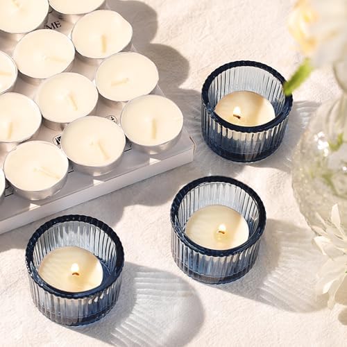 NITIME 30Pcs Blue Tealight Candle Holder, Ribbed Votive Candle Holders Glass with 32pcs Tea Light Candles for Wedding Decor, Home Decor and Party Decor - Image 7