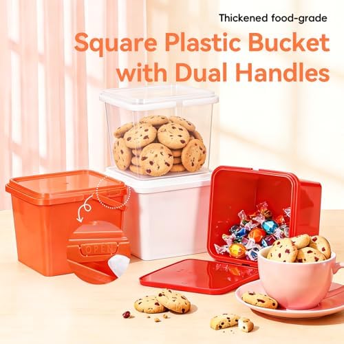 Bucket with Lid - 4 Packs Square Clear Plastic Storage Containers, Food Safe with Handle, Airtight Pressure Lids for Kitchen & Home (Mixed Colors, 1.3 gal) - Image 6