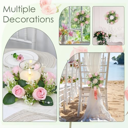 Pink Rose Candle Rings with Flameless Candles Sets - 12PCS Artificial Flower Eucalyptus Wedding Centerpiece 3 Inch Pillar Candleholders Wreaths for Wedding Party Decor (Pink - 6 Sets) - Image 6