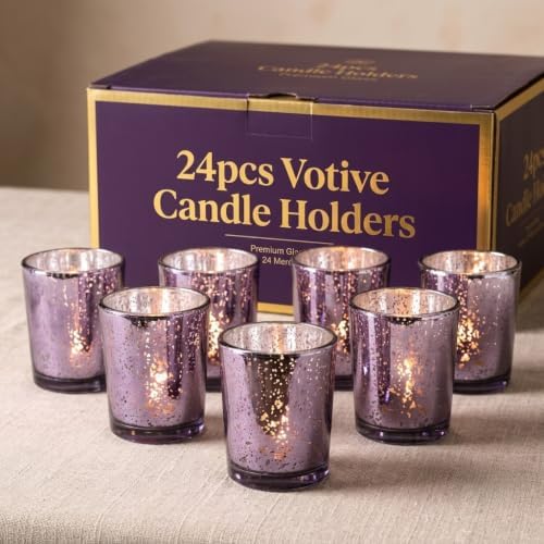 LETINE 24pcs Purple Votive Candle Holders – Glass Tea Light Candles Holder, Standard Votive Size for Regular Votive Candles– Bulk Candle Holder for Party Decoration, Bridal Shower, Home Decor by LETINE