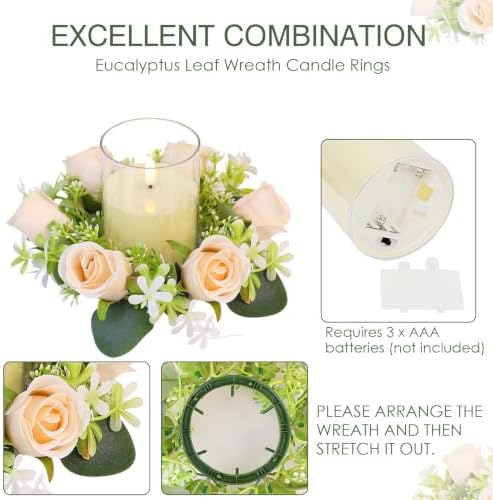 Champagne Rose Candle Rings with Flameless Candles Sets - 12PCS Artificial Flower Eucalyptus Wedding Centerpiece 3 Inch Pillar Candleholders Wreaths for Wedding Party (Champagne White-6 Sets) - Image 4