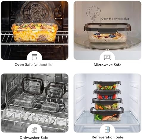 GENICOOK Glass Meal Prep Containers with Glass Lids, 4 Set Airtight Glass Food Storage Containers, Borosilicate Glass Lunch Containers for Healthy Meal Prep, Microwave Oven Dishwasher Safe, BPA Free - Image 6