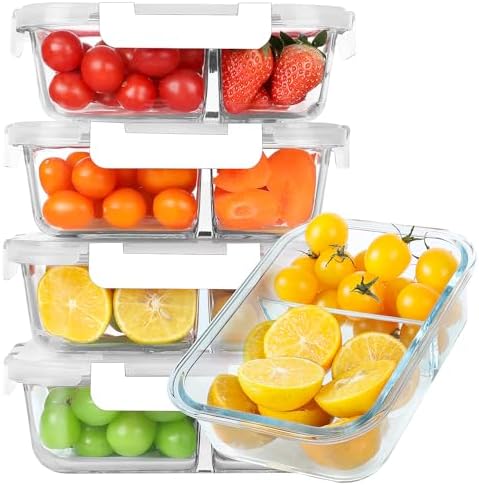 KOMUEE 30 oz 5 Pack Glass Meal Prep Containers 2 Compartments, White by KOMUEEUS