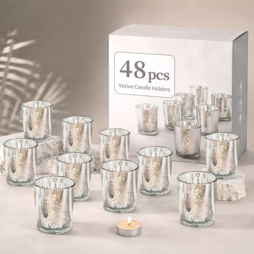 LETINE 48pcs Silver Votive Candle Holders –Glass Tea Light Candles Holder by LETINE
