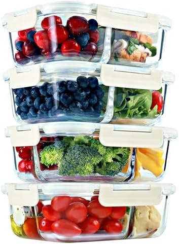 Glass Meal Prep Containers 2 & 3 Compartments Leak-Proof Lids 32 oz 4 Pack by FITSTRONGHEALTHY