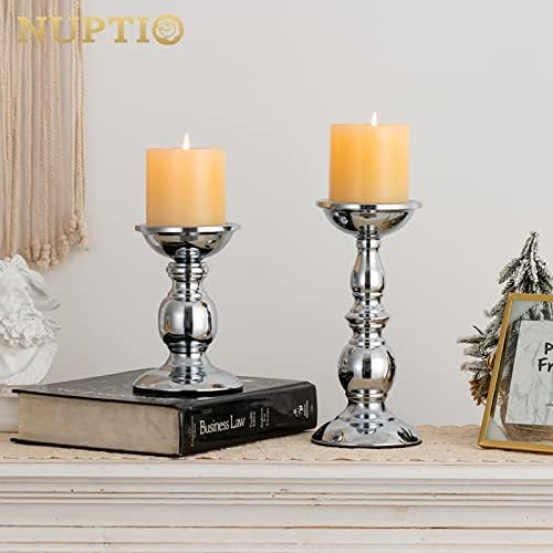 Nuptio Pillar Candle Holders Metal Candle Holder Ideal for 3 inches Candles, Silver Candle Holder for Living Room, Gardens, Spa, Aromatherapy, Incense Cones, Wedding, Party, 2 Pcs - Image 2