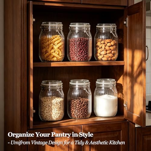 ComSaf Ribbed Glass Pantry Jars with Airtight Lids 34 oz 3 Pack Coffee - Image 2