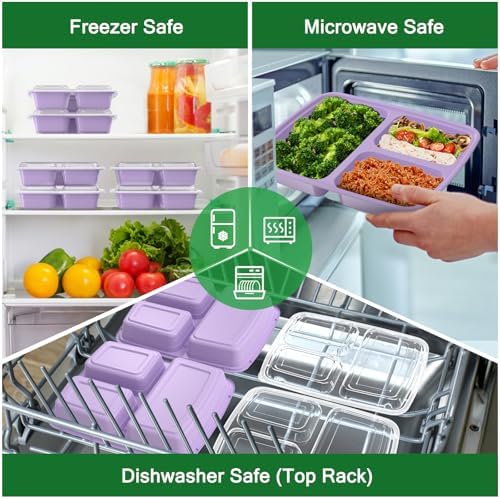 Dealusy 50 Pack 32 oz Meal Prep Containers with Lids 3-Compartment, Lilac - Image 5