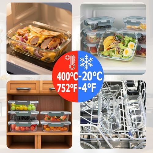 5 Packs 36oz Glass Food Storage Containers with Lids, Stackable Borosilicate Glass Bowls Meal Prep Lunch Containers Microwave Oven Freezer Safe (Gray-5) - Image 3