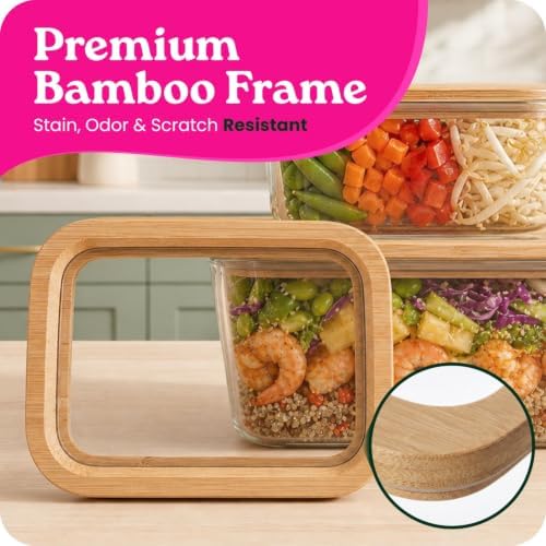 Large Glass Food Storage Containers Set with Glass Lids & Bamboo Rim – Set Of 2, Plastic Free Glass Meal Prep Containers for Lunch, Eco Friendly Food Storage, Microwave & Oven Safe - Image 3