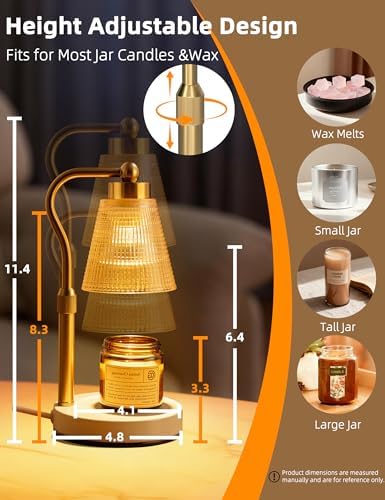 Candle Warmer Lamp for Jar Candles, Height Adjustable & Dimmable with 2/4/8H Timer, 2*50W Halogen Wax Melter Warmer for Home Office Décor, Flameless & Smokeless, Gift for Women Mom,Gold- Amber/1 Pack - Image 5
