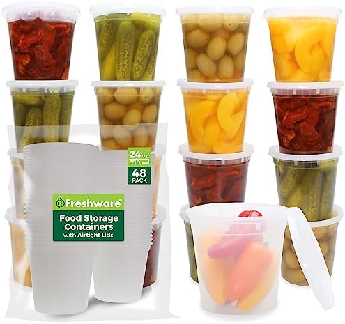 Freshware Food Storage Container 24 oz Plastic Deli Containers with Lids, Slime, Soup, Meal Prep Containers, BPA Free, Stackable, Leakproof, Microwave/Dishwasher/Freezer Safe, 48 Sets (Pack of 8) by Freshware