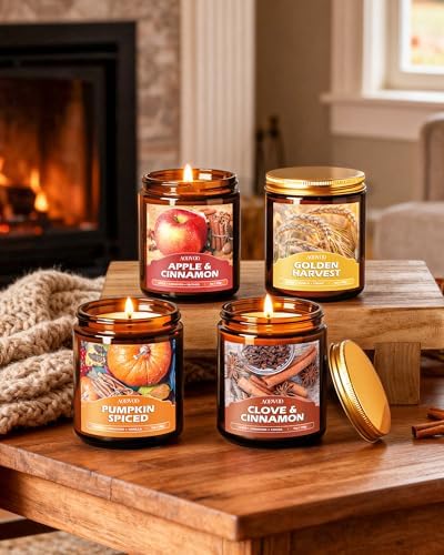 AOOVOO Fall Candles Set - 4 Pack Candles for Home Scented, 28 oz Natural Soy Wax 200 Hour Long Lasting, Autumn Gifts Set for Women Men Fall Fragrance of Pumpkin/Apple Cinnamon/Clove/Wheat Vanilla - Image 2