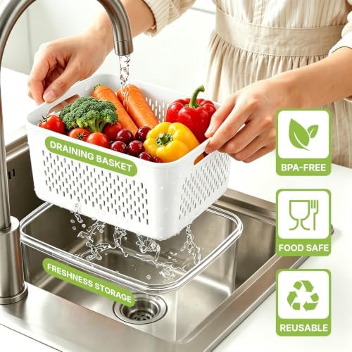 5 Pack Large Fruit Storage Containers for Fridge, Leakproof Produce Containers with Removable Colanders, Dishwasher Safe Fridge Organizers and Storage, Keep Berry, Vegetables Fresh Longer - Image 2