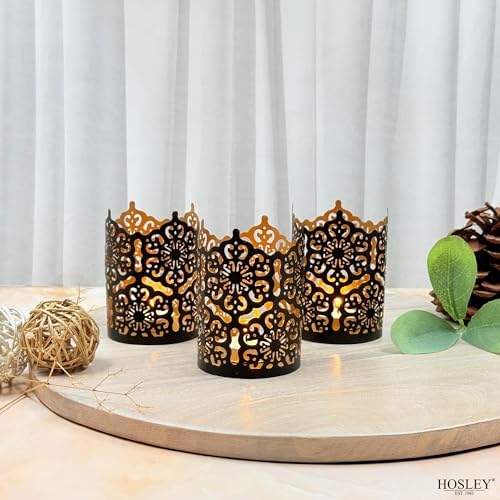 Hosley Set of 3 Black Metal Candle Holders 4 Inch High - Lattice Cut Lanterns for Table Centerpiece, Wedding, Home Decor, Indoor Outdoor - Image 4