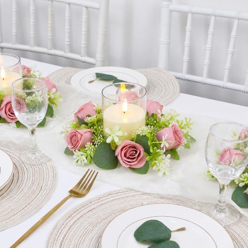 Dusty Pink Rose Candle Rings with Flameless Candles Sets - 12PCS Artificial Flower Eucalyptus Wedding Centerpiece 3 Inch Pillar Candleholders Wreaths for Wedding Party Decor (6 Sets) - Image 5