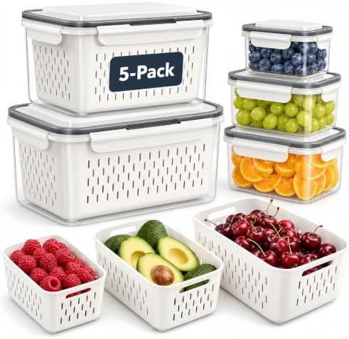5 Pcs Large Fruit Storage Containers for Fridge Food Storage with Colanders by Unknown
