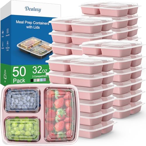 Dealusy 50 Pack 32 oz Meal Prep Containers with Lids 3-Compartment, Pink by Dealusy