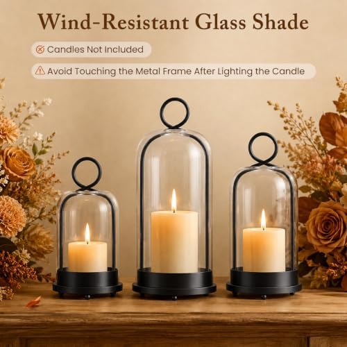 Hurricane Glass Candle Holders Set of 3, Metal Candle Lanterns with Hooks - Image 7