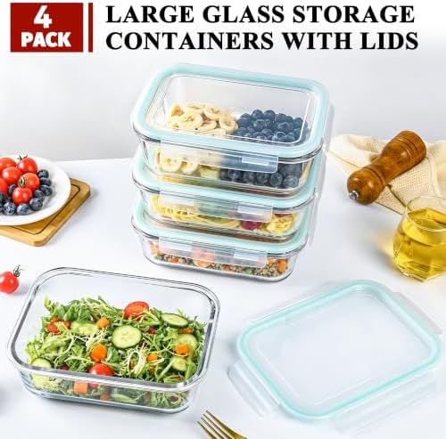 GEHE 4 Pack 52oz Glass Food Storage Containers with Lids, Large Glass Storage Containers with Airtight Lids, Meal Prep Container for Storing & Serving, Leak Proof, BPA Free, Microwave/Oven Safe - Image 3