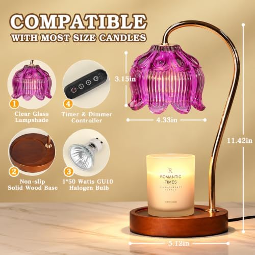 Purple Candle Warmer Lamp with Timer, Electric Candle Warmer, Women Birthday Christmas Gift, Flower Wax Warmer for Yankee Candle Lovers, Vintage Melt Lamp for House Warming Gifts for Mom, Friend - Image 4