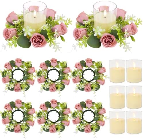 Dusty Pink Rose Candle Rings with Flameless Candles Sets - 12PCS Artificial Flower Eucalyptus Wedding Centerpiece 3 Inch Pillar Candleholders Wreaths for Wedding Party Decor (6 Sets) by ACMEE