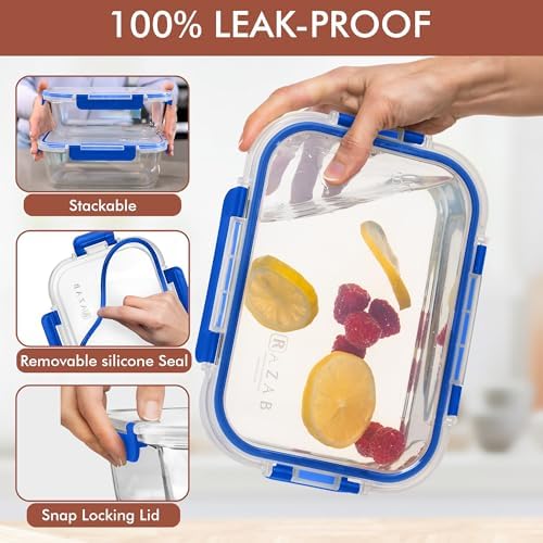 Razab 2 Pcs 1860ml / 63 Oz Large Glass Food Storage Containers with Lids - Glass Meal Prep Containers with Locking Lids for Roasting, Storing Leftover, Lunch Container, BPA Free, Microwave & Oven Safe - Image 3