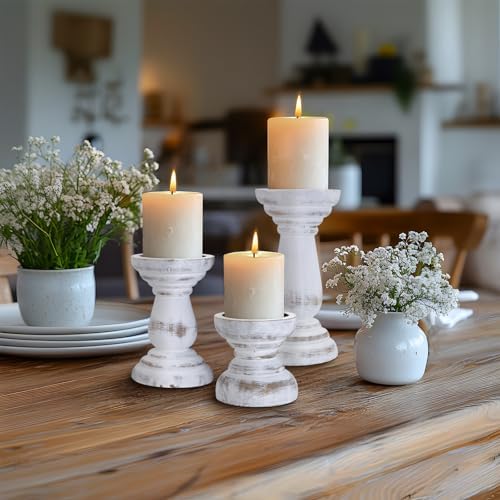 Candle Holder for Pillar Candle Set of 3, Farmhouse Wood Candle Holder, Rustic Wooden Candle Stand, Decorative Wood Candlestick Holders for Living Room, Table Centerpiece (RusticWhite) - Image 6