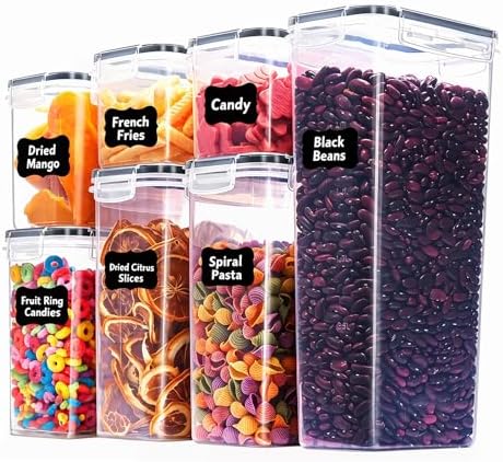 7 PCS Airtight Food Storage Containers with Lids, Plastic Kitchen and Organization Canisters for Cereal, Dry Food, Flour and Sugar, BPA-Free, PVC-Free, Includes Labels & Marker by Asnews