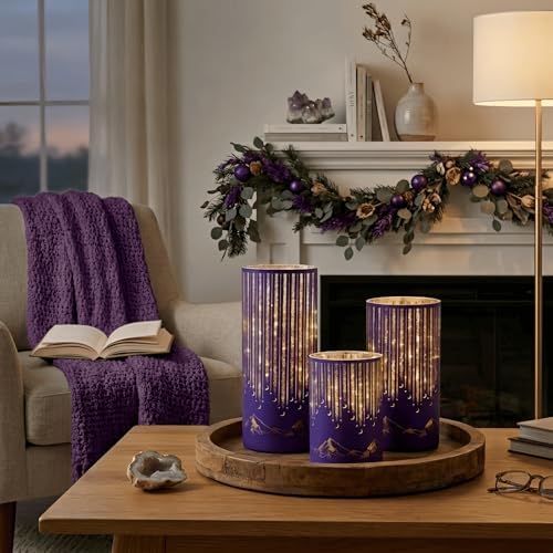 Purple Illuminated Starry Night Hurricanes with Remote Timer, Flickering LED Candle Holder for Halloween Mantel Decor, Party, Lavender Weddings, Memorials and Purple Events, Set of 3 - Image 4