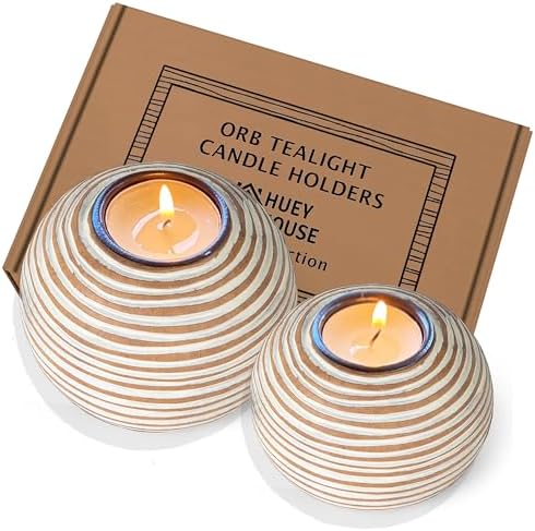 Tuva Brown Orb Tea Light Candle Holders, Gift Boxed Set of 2 by HueyHouse