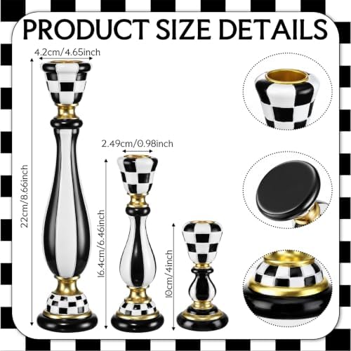 3 Pcs Black and White Checkerboard Taper Candle Holder,Classic - Image 3