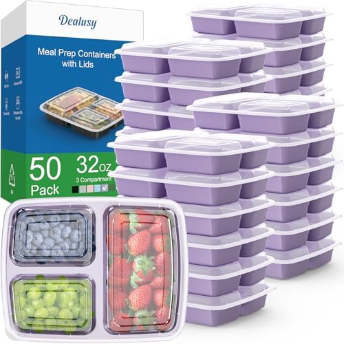 Dealusy 50 Pack 32 oz Meal Prep Containers with Lids 3-Compartment, Lilac by Dealusy