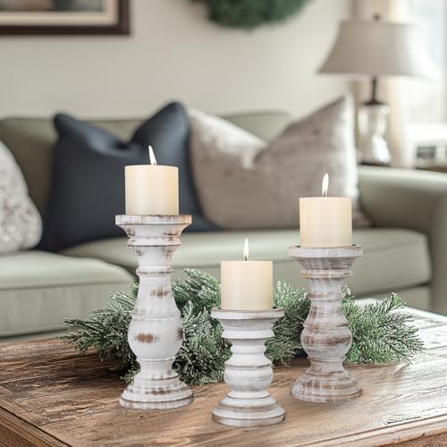 Candle Holder for Pillar Candle Set of 3, Farmhouse Wood Candle Holder, Rustic Wooden Candle Stand, Decorative Wood Candlestick Holders for Living Room, Table Centerpiece (Antique White) - Image 6